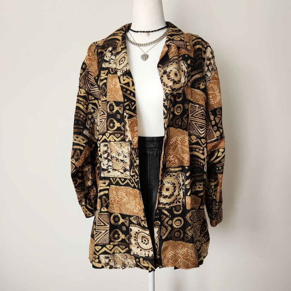 Vintage Gold Silk Blouse Medium Tribal Print Funky Multi Silk Ncounters 80s 90s - Picture 8 of 14